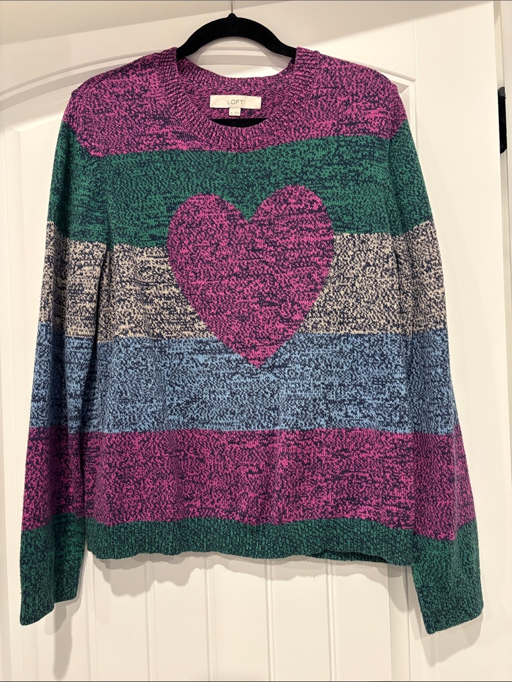 LOFT Multicolor Striped Crewneck Sweater with Pink Heart